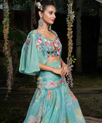 blue organza floral printed co ord set for women 2