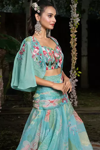 blue organza floral printed co ord set for women