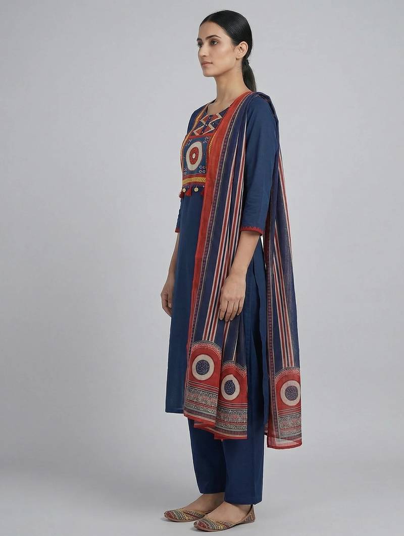 Women navy blue cotton printed kurta pant dupatta set with hand work and lace