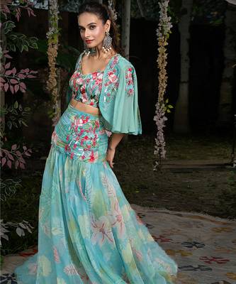 blue organza floral printed co ord set for women 3