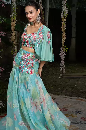 blue organza floral printed co ord set for women