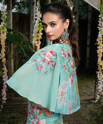 blue organza floral printed co ord set for women 4