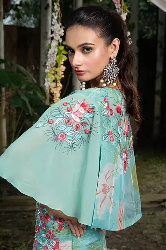 blue organza floral printed co ord set for women