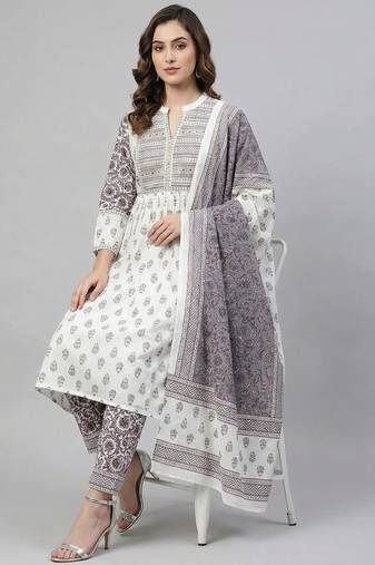 Women white cotton printed kurta pant dupatta set with hand work and lace