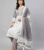 Women white cotton printed kurta pant dupatta set with hand work and lace