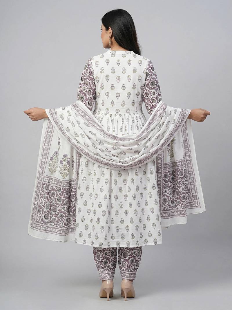 Women white cotton printed kurta pant dupatta set with hand work and lace