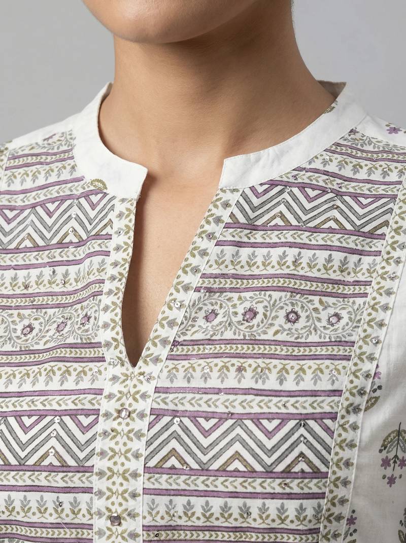 Women white cotton printed kurta pant dupatta set with hand work and lace