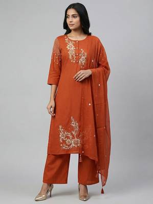 Women orange cotton printed kurta pant dupatta set with hand work and embroidered 1