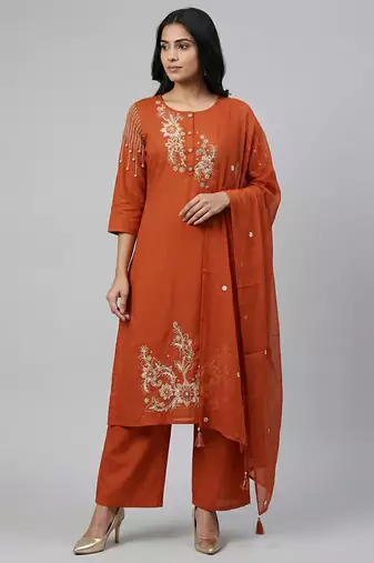 Women orange cotton printed kurta pant dupatta set with hand work and embroidered