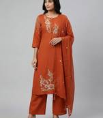 Women orange cotton printed kurta pant dupatta set with hand work and embroidered