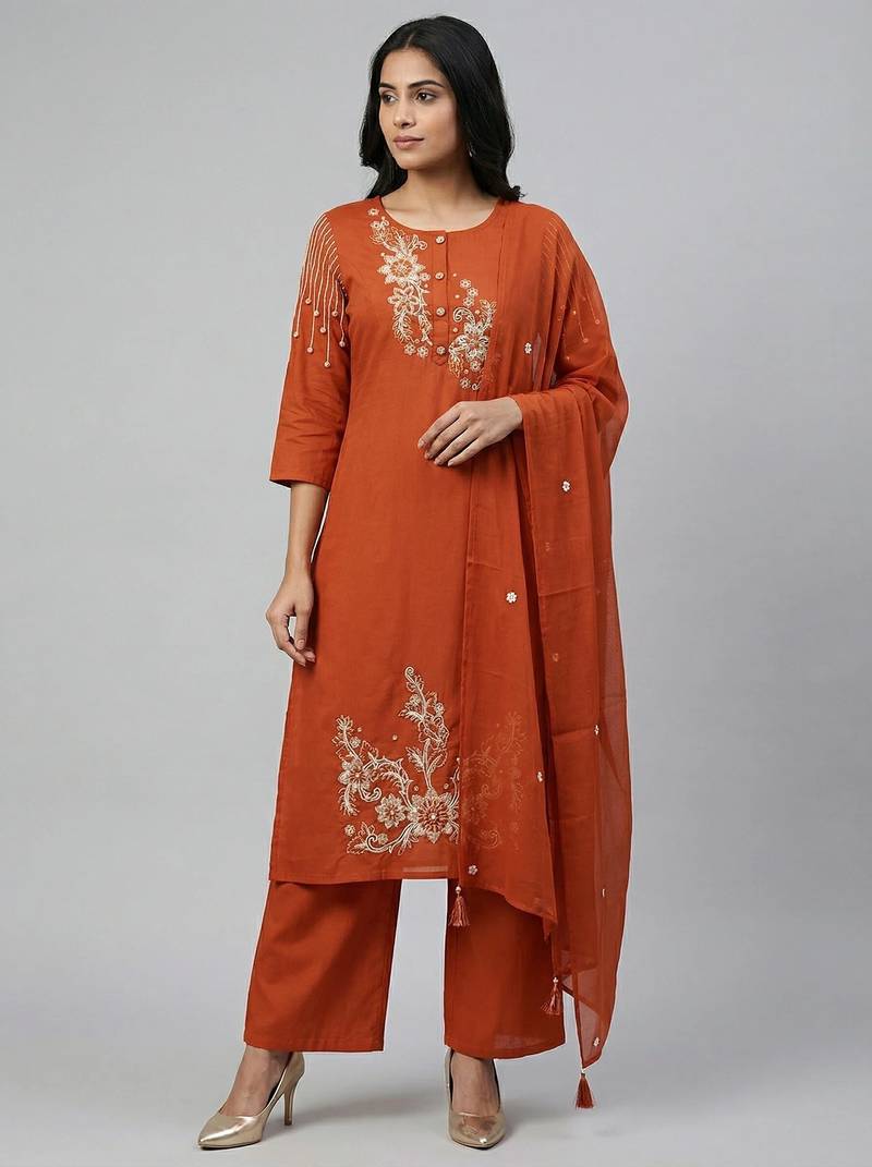 Women orange cotton printed kurta pant dupatta set with hand work and embroidered