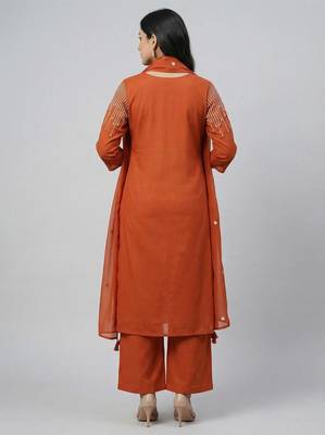 Women orange cotton printed kurta pant dupatta set with hand work and embroidered 2