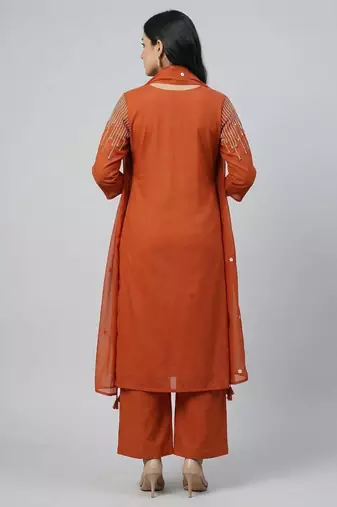 Women orange cotton printed kurta pant dupatta set with hand work and embroidered