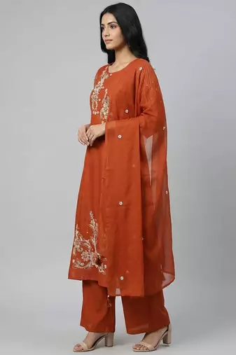 Women orange cotton printed kurta pant dupatta set with hand work and embroidered