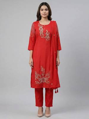 Women red cotton printed kurta pant dupatta set with hand work and embroidered 1