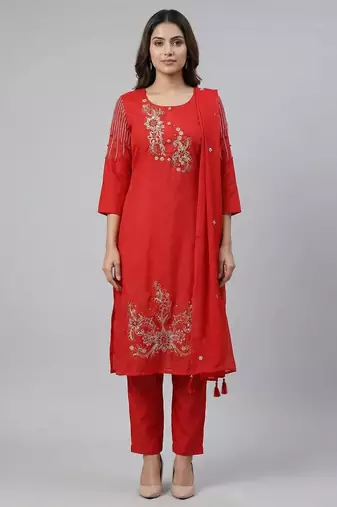 Women red cotton printed kurta pant dupatta set with hand work and embroidered