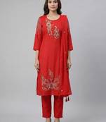 Women red cotton printed kurta pant dupatta set with hand work and embroidered