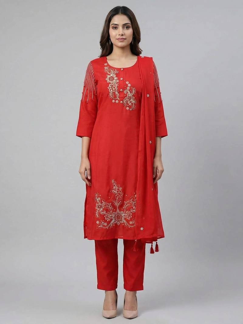 Women red cotton printed kurta pant dupatta set with hand work and embroidered