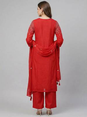 Women red cotton printed kurta pant dupatta set with hand work and embroidered 2