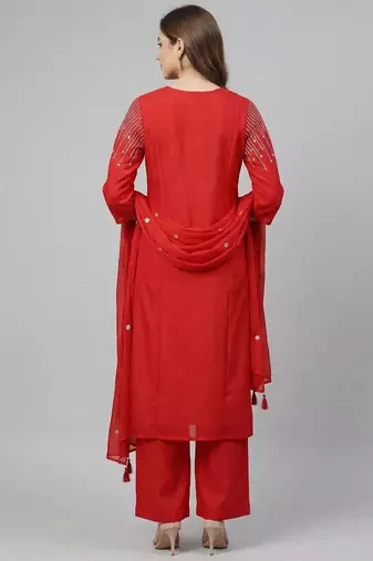 Women red cotton printed kurta pant dupatta set with hand work and embroidered