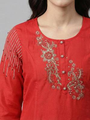 Women red cotton printed kurta pant dupatta set with hand work and embroidered 3