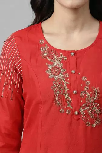 Women red cotton printed kurta pant dupatta set with hand work and embroidered