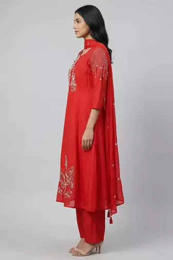 Women red cotton printed kurta pant dupatta set with hand work and embroidered