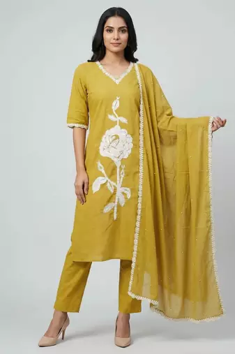 Women yellow cotton printed kurta pant dupatta set with hand work and embroidered lace
