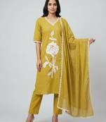 Women yellow cotton printed kurta pant dupatta set with hand work and embroidered lace