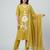 Women yellow cotton printed kurta pant dupatta set with hand work and embroidered lace