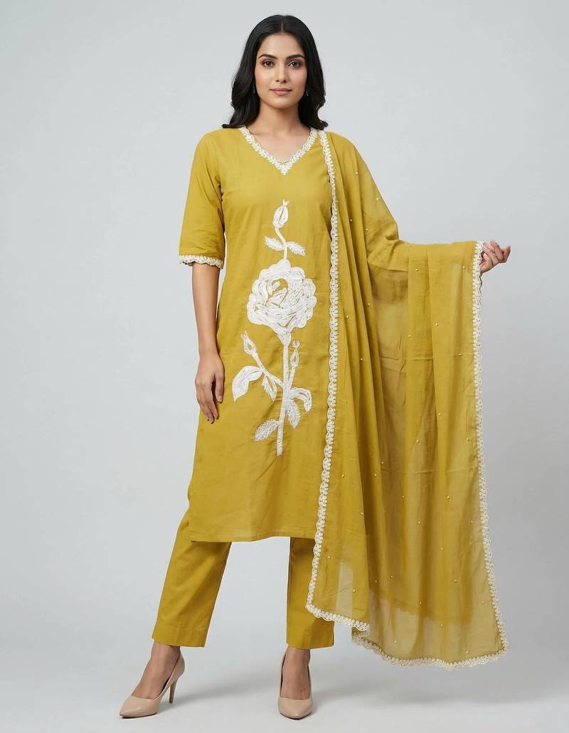 Women yellow cotton printed kurta pant dupatta set with hand work and embroidered lace