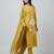Women yellow cotton printed kurta pant dupatta set with hand work and embroidered lace