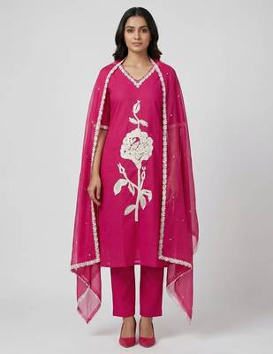 Women pink cotton printed kurta pant dupatta set with hand work and embroidered lace 1