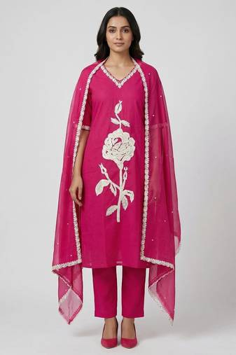 Women pink cotton printed kurta pant dupatta set with hand work and embroidered lace
