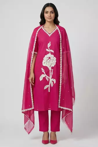 Women pink cotton printed kurta pant dupatta set with hand work and embroidered lace
