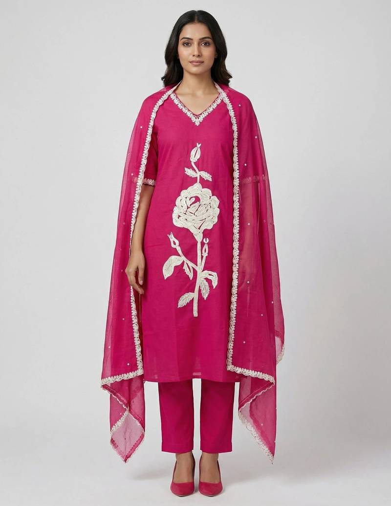 Women pink cotton printed kurta pant dupatta set with hand work and embroidered lace