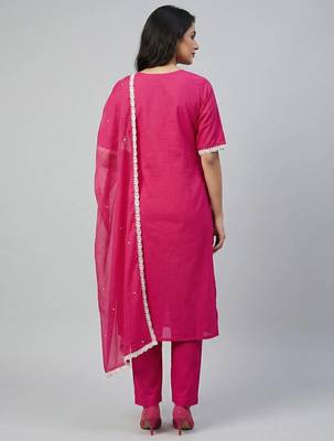 Women pink cotton printed kurta pant dupatta set with hand work and embroidered lace 2