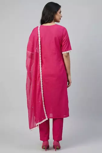 Women pink cotton printed kurta pant dupatta set with hand work and embroidered lace