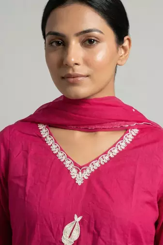 Women pink cotton printed kurta pant dupatta set with hand work and embroidered lace