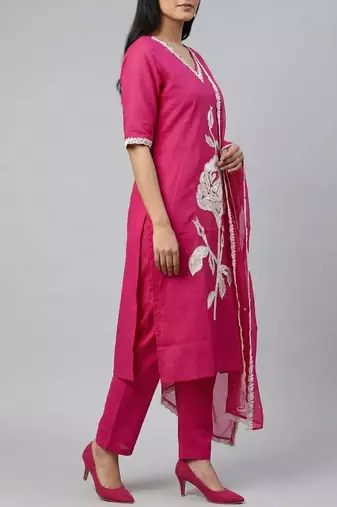 Women pink cotton printed kurta pant dupatta set with hand work and embroidered lace