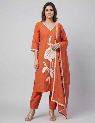 Women orange cotton printed kurta pant dupatta set with hand work and embroidered lace 1
