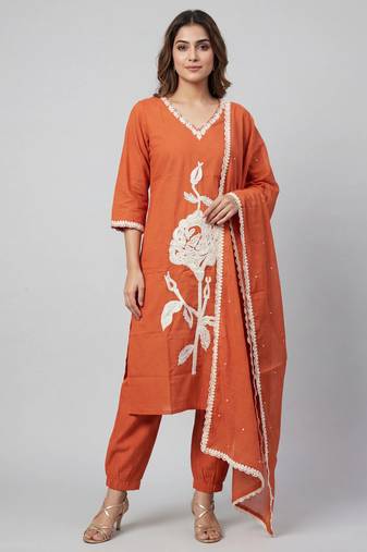 Women orange cotton printed kurta pant dupatta set with hand work and embroidered lace