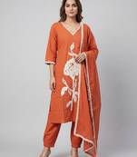 Women orange cotton printed kurta pant dupatta set with hand work and embroidered lace