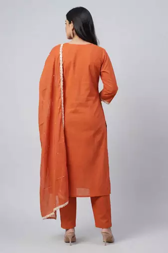 Women orange cotton printed kurta pant dupatta set with hand work and embroidered lace