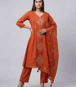 Women orange cotton printed kurta pant dupatta set with hand work and embroidered lace
