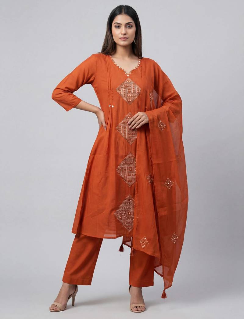 Women orange cotton printed kurta pant dupatta set with hand work and embroidered lace