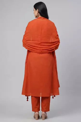 Women orange cotton printed kurta pant dupatta set with hand work and embroidered lace