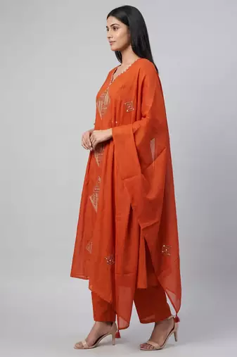 Women orange cotton printed kurta pant dupatta set with hand work and embroidered lace