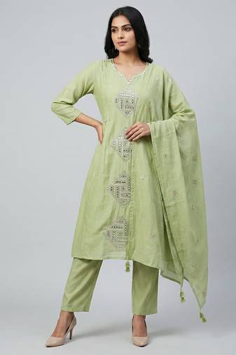 Women light green cotton printed kurta pant dupatta set with hand work and embroidered lace