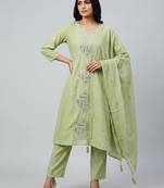 Women light green cotton printed kurta pant dupatta set with hand work and embroidered lace